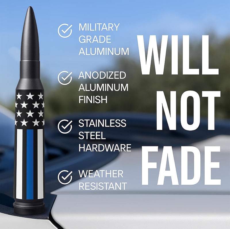 EcoAuto Badass Bullet Antenna Replacement for Dodge Ram & Ford F150 F250 F350 Super Duty Raptor Bronco Trucks - Anti-Theft Design-Radio Antenna for Truck 1990 - Current (American Flag Support Blue) - Image 2